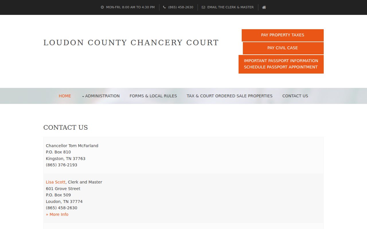 Loudon County court calendar Clerk and Master contacts