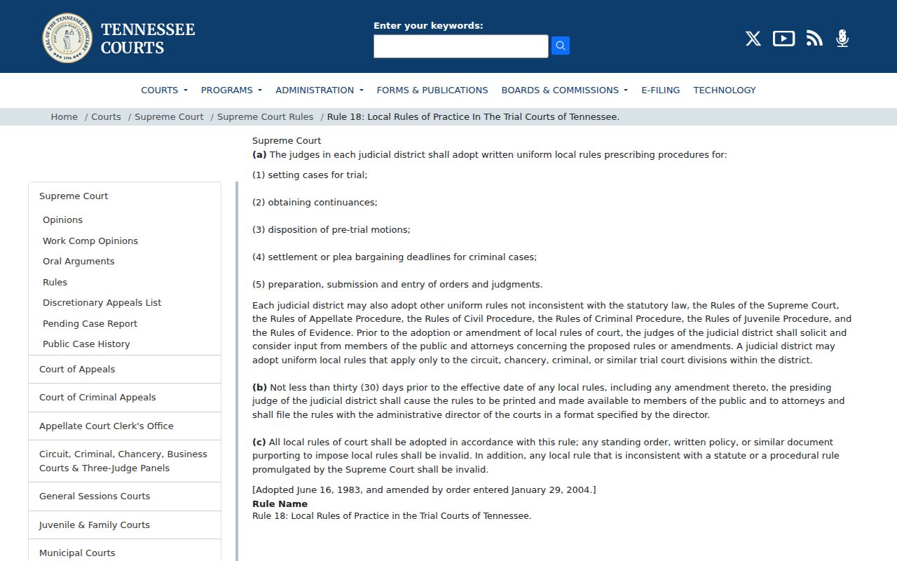 Loudon County court calendar Rule 18 page