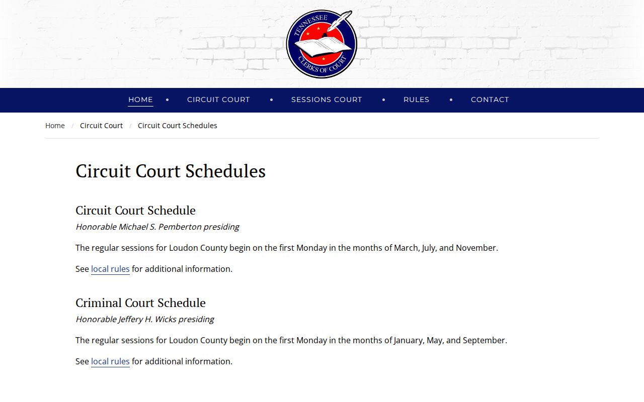 Loudon County Circuit and Criminal Court schedules page